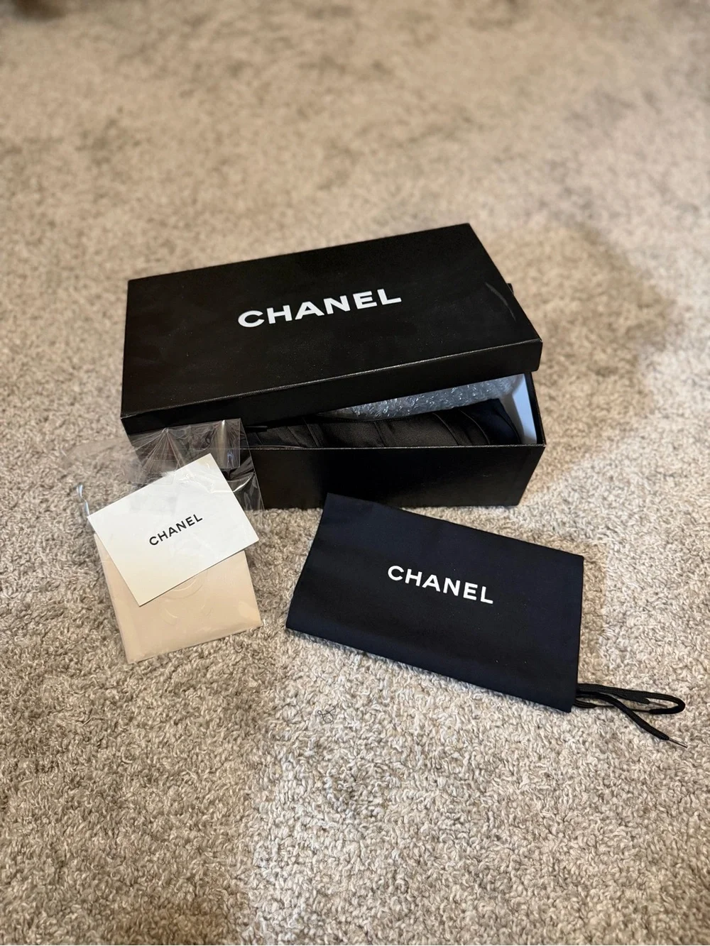 CHANEL Black Satin Peep-Toe Ballet Flats with Bow & Gold CC